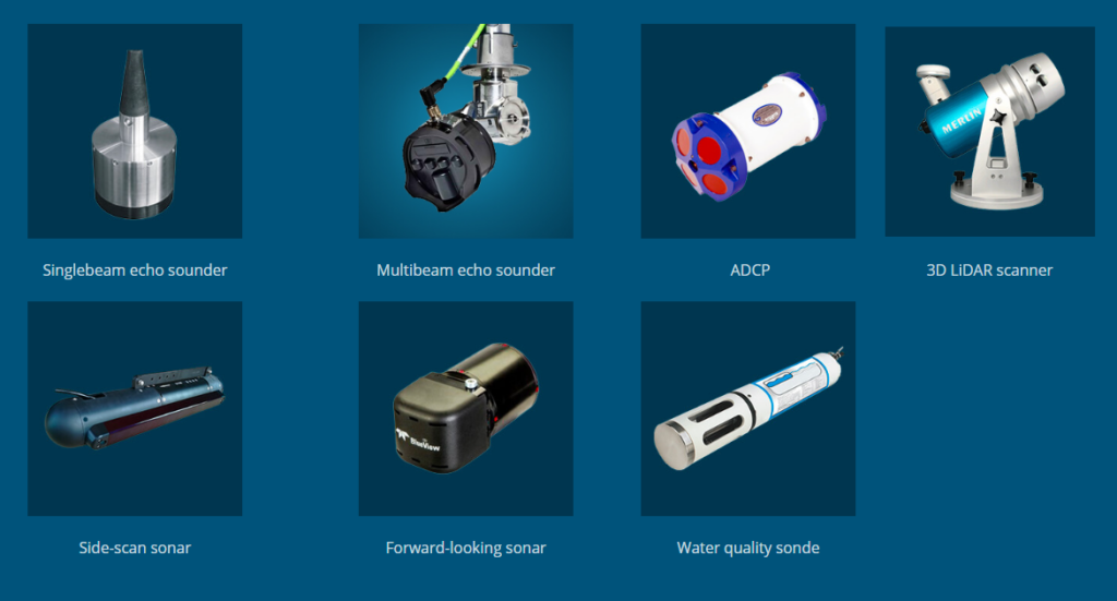 multibeam sonars, side scan sonars, and other survey instruments 